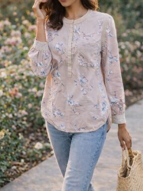 Rebecca Taylor 100% Silk Floral Blouse Pink Blue Long Sleeve Romantic Feminine